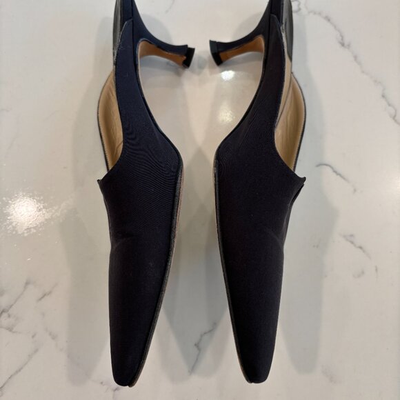 Manolo Blahnik Black Satin Faille Kitten Heel Slides / Mules - Sz 37 .5 - Picture 4 of 7